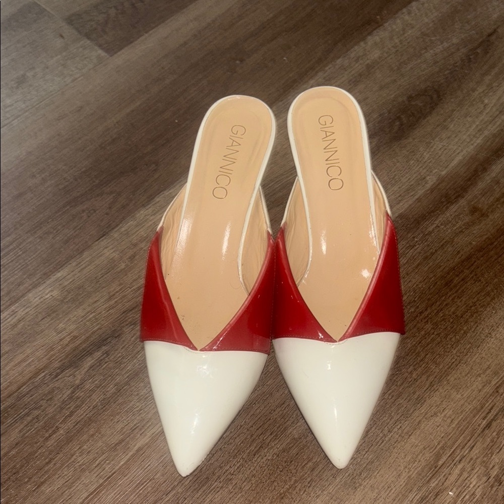 Red and White Pointed Toe Mules